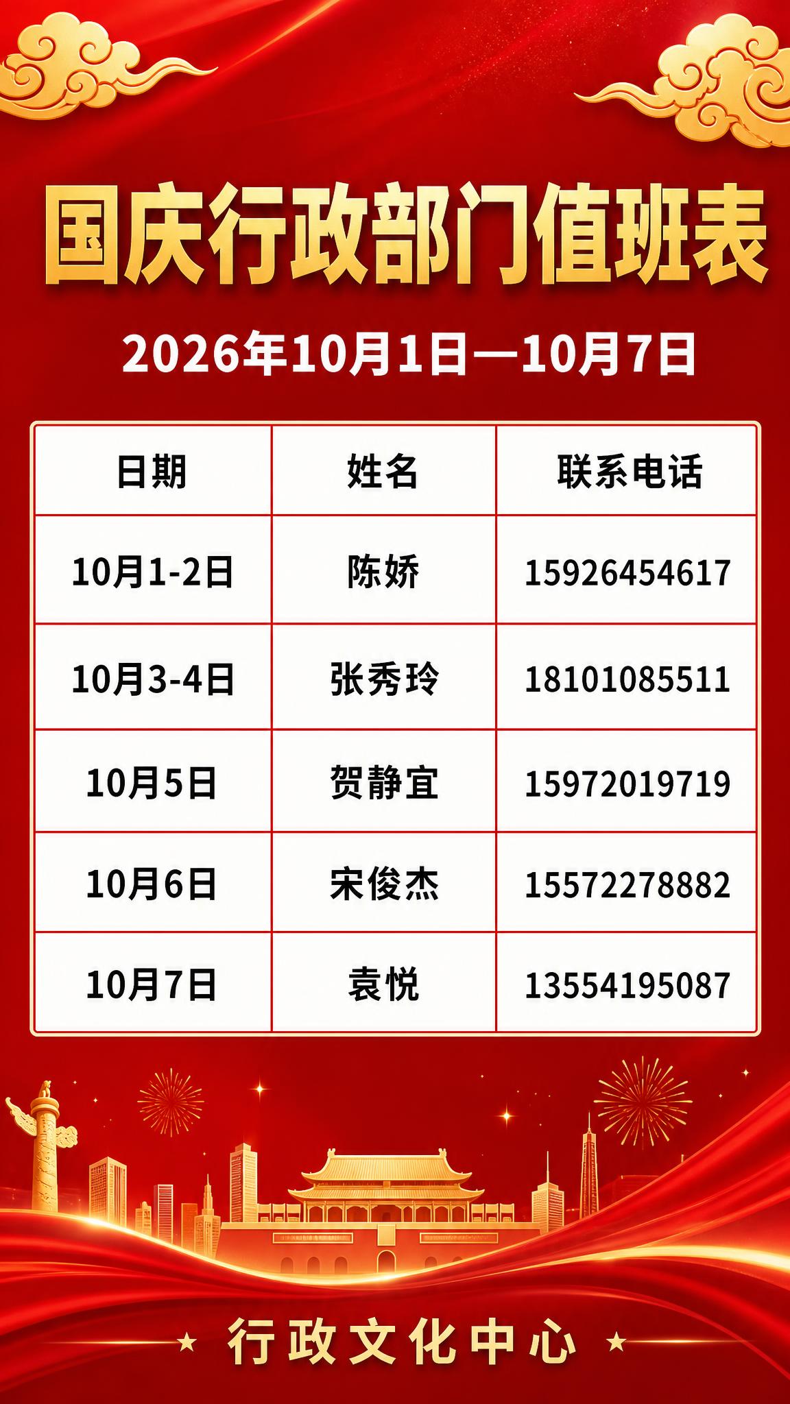 国庆行政部门值班表海报，竖版9:16，正式通知公告风格。红色渐… - 图片创意预览
