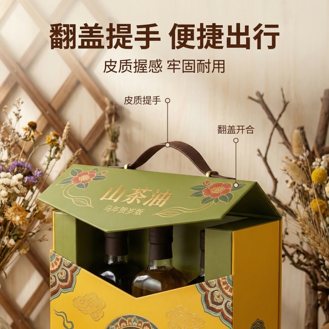 [主图 2] 核心卖点展示：翻盖提手结构
[氛围风格] 乡村田园治愈风，自然温馨氛围。
[画面元素] 商业摄影质感、光线柔和通透、产品清晰真实、画面干净高级。展示打开状态的山茶油礼盒，突出翻盖结构和皮预览效果