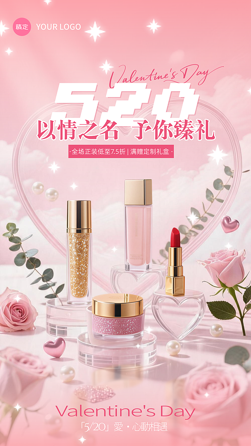 520美妆节日营销粉色浪漫海报