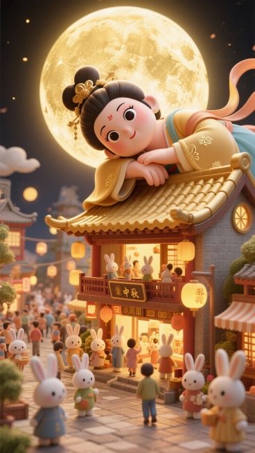画面呈现金色调：巨人版胖嫦娥（看起来可爱又漂亮，大眼睛）脑袋侧枕着手臂从屋顶后探出，与下面的微缩的小兔国（熙熙攘攘的拟人兔子在繁华的街道过中秋节）互动，非常规的创意构图，中秋节庆的氛围，顶部硕大的月亮预览效果