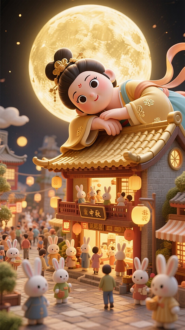 画面呈现金色调：巨人版胖嫦娥（看起来可爱又漂亮，大眼睛）脑袋侧枕着手臂从屋顶后探出，与下面的微缩的小兔国（熙熙攘攘的拟人兔子在繁华的街道过中秋节）互动，非常规的创意构图，中秋节庆的氛围，顶部硕大的月亮，