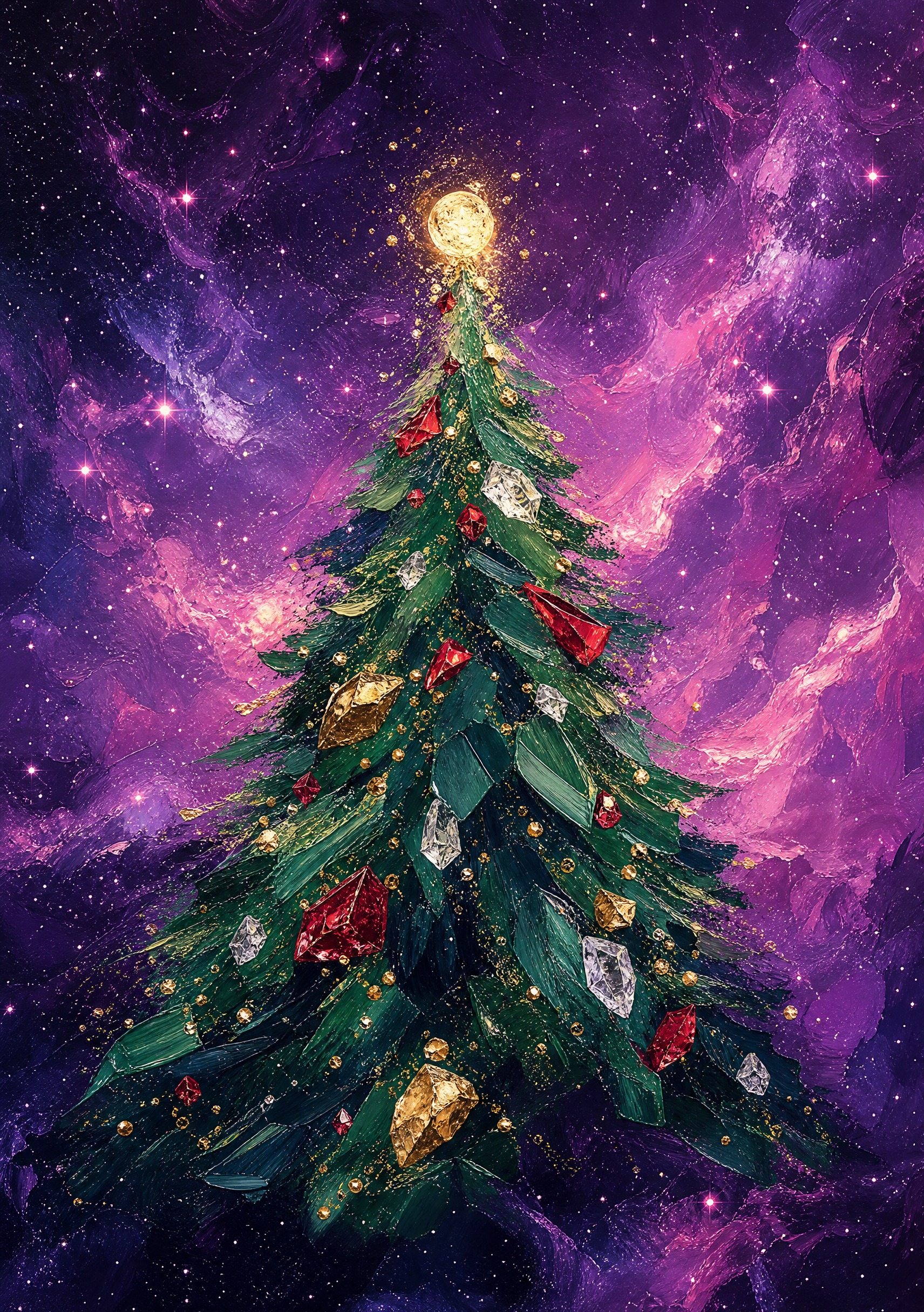 以参考图的紫色星云星空作为背景风格，重新创作抽象圣诞树画稿。背… - 图片创意预览
