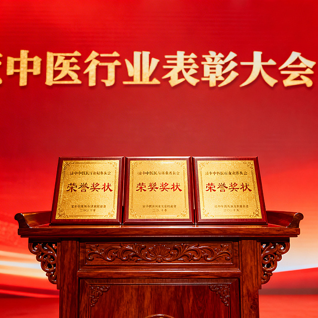 中医行业表彰大会，荣誉奖状颁奖台，红色背景金色文字，庄重正式的颁奖场景