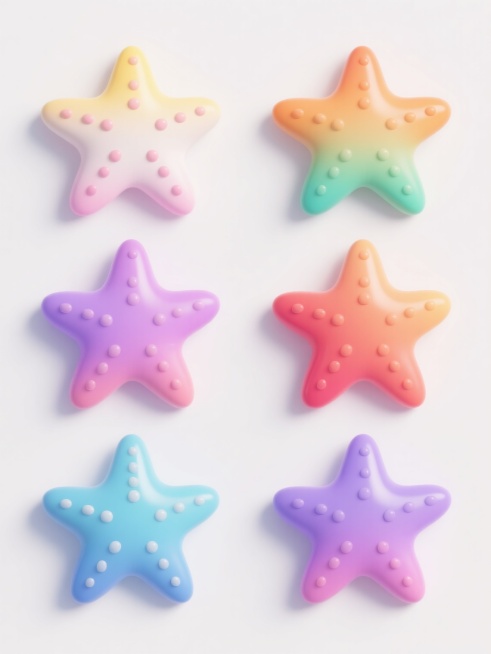 6个不同样式、不同配色、不同外观的海星，保持3D立体质感，表面光滑带有柔和渐变色彩，边缘圆润，每个海星拥有独特的色彩搭配（如粉白渐变、黄橙渐变、绿蓝渐变、紫粉渐变、橙红渐变、蓝紫渐变等），海星形态略有差异（如部分海星腕足更圆润，部分略带弧度变化），所有海星在纯白色背景上以整齐的矩阵排列，光影效果统一，高光柔和，阴影细腻，整体呈现出与原图一致的光泽感和立体感。预览效果