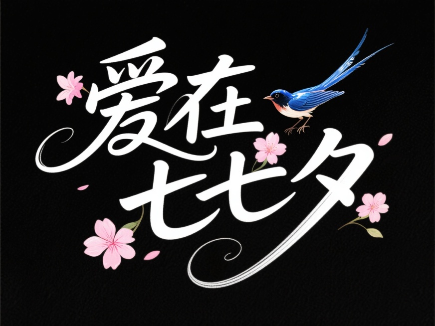 文字“爱在七夕”，文字穿插点缀粉色花朵和蓝色喜鹊。高级感，黑底白字。预览效果