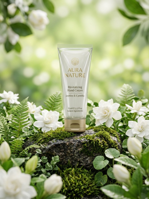 将护手霜产品自然融入自然场景，画面正中央直立放置产品，产品放置在一块质感粗糙的深色岩石上，岩石表面覆盖着鲜活翠绿的青苔，岩石周围布置着盛开的纯白色栀子花、绿色蕨类植物和圆润绿叶，背景是干净柔和的浅绿色预览效果