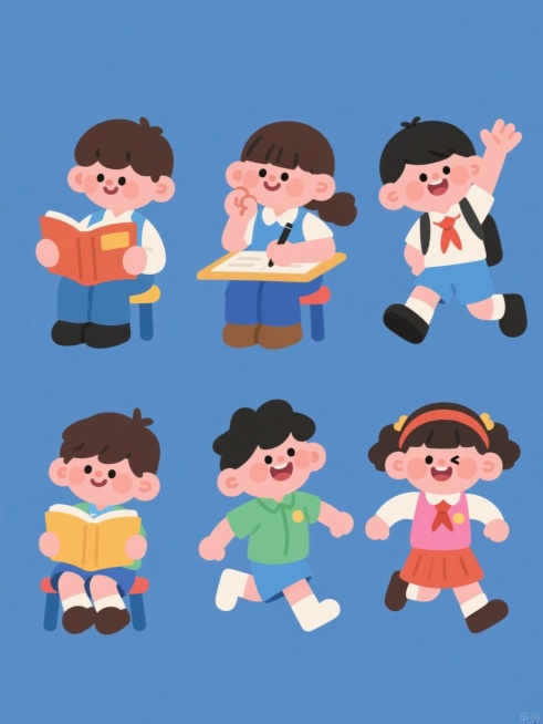 6个不同造型的学生系列素材集合，每个学生造型各异，有的在看书，有的在写字，有的在思考，有的在举手，有的在微笑，有的在奔跑，他们都穿着不同颜色的校服，坐在纯色背景上，画面整体色彩变换，保持卡通风格，规整排布。预览效果