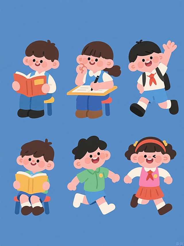 6个不同造型的学生系列素材集合，每个学生造型各异，有的在看书，有的在写字，有的在思考，有的在举手，有的在微笑，有的在奔跑，他们都穿着不同颜色的校服，坐在纯色背景上，画面整体色彩变换，保持卡通风格，规整排布。