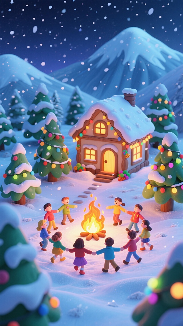 背景是白雪覆盖的乡村小屋，旁边有一圈装饰着彩灯和饰品的松树。雪地中有一群孩子手拉手跳舞，中间有火焰，远处有高山、夜晚背景，大雪飘落。