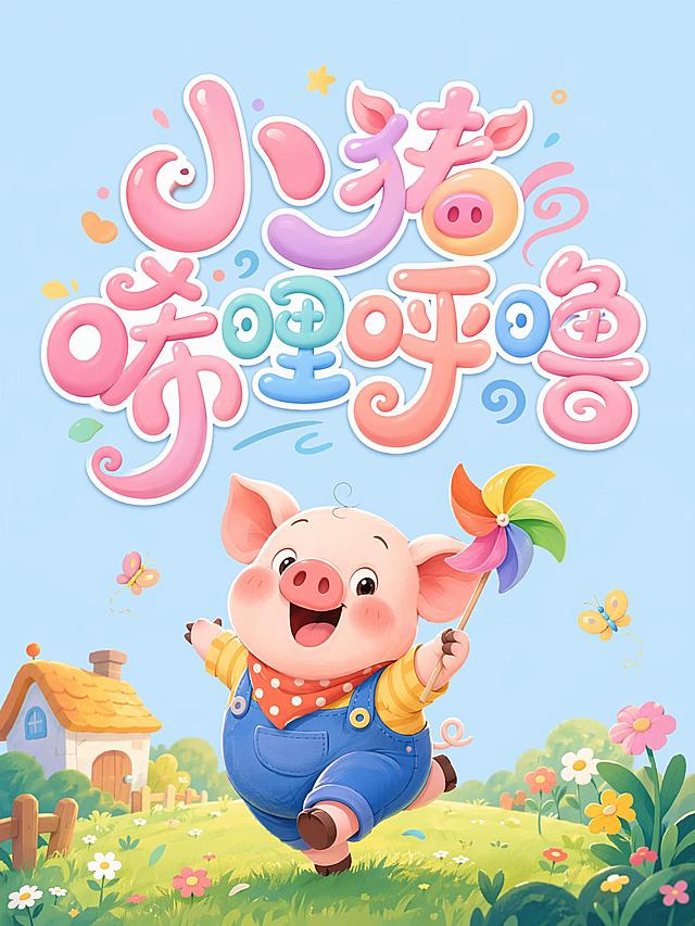 儿童图书整本书阅读封面设计，上方是六个字"小猪唏哩呼噜"创意圆体字体设计，活泼灵动，将字体进行大幅度抽象变形，相邻字的笔划可以连笔和共用，部分笔画融入卡通小猪图形元素，夸张的笔画弧度，笔画大胆延伸突破字形常规边界，整体风格有趣生动，色彩丰富多样，字体颜色采用粉彩色系，浅蓝干净背景，下方搭配小猪唏哩呼噜的卡通人物图案，卡通形象可爱憨态可掬，配色和谐丰富多彩，文字整体必须完整呈现在画面内不可被裁切，四周留有安全边距。仅包含六个字："小"、"猪"、"唏"、"哩"、"呼"、"噜"，不得增加、遗漏或替换任何一个字。比例3:4