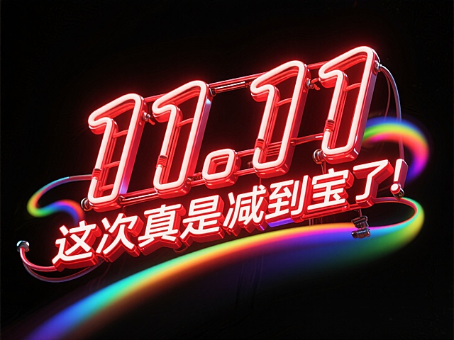 霓虹灯风3D立体字，重拟物设计，波普艺术色彩碰撞，科技感十足，双十一促销主题，酷炫吸睛。