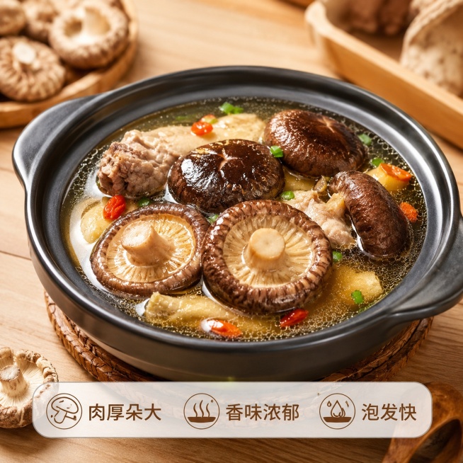 「图片1」，生成一套主图（5张），商品名称是干香菇，卖点是肉厚朵大、香味浓郁、泡发快，适配淘宝/天猫平台，主图比例为800×800像素，第一张纯无缝白底，中心构图，完整剪脚干香菇整齐摆放，部分香菇对半预览效果