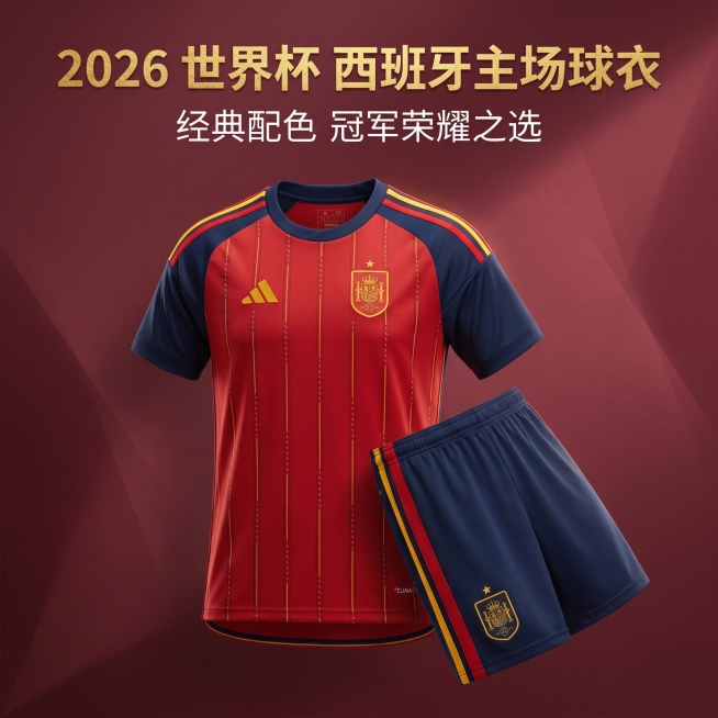 「图片1」严格还原上传的产品图，包括颜色、LOGO 位置、文字内容、图案元素等所有细节，产品为 2026 美加墨世界杯西班牙队主场足球服套装（上衣 + 短裤），，尺寸比例保持 1:1。视觉风格采用简约预览效果