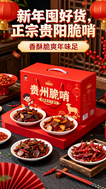 电商促销主图，红色喜庆新年氛围，画面主体是贵州脆哨年货礼盒，顶部大字写着"新年囤好货，正宗贵阳脆哨"，下方小字写着"香酥脆爽年味足"，整体红火明亮，符合电商年货促销风格预览效果