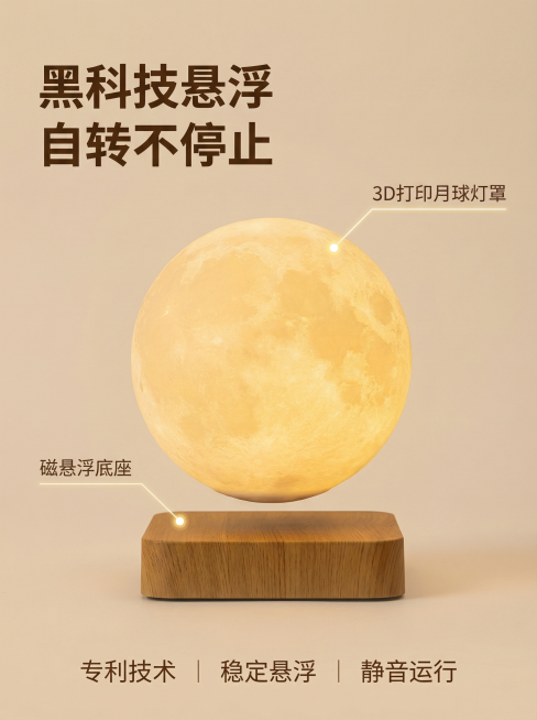 [主图 3] 3D打印悬浮夜灯磁悬浮结构展示
[氛围/风格] 现代简约科技感，整体光影和背景风格与前两图保持统一
[画面元素] 保持产品外观与原图一致，重点展示悬浮结构，底座和月球灯分离悬浮状态清晰，预览效果