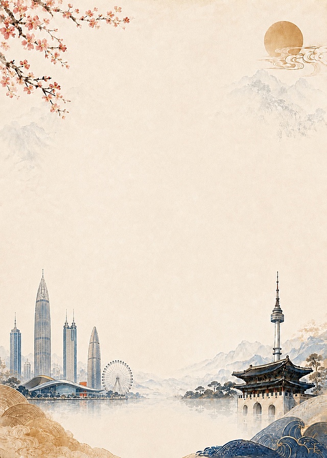 将图中左侧原有的深圳建筑替换为市民中心、平安金融大厦、地王大厦、湾区摩天轮、春笋大厦，保持建筑排列位置和原图左侧一致，整体保持新中式国风浅水墨风格，和原背景的色调、光影统一融合，保留图中其他元素不变
