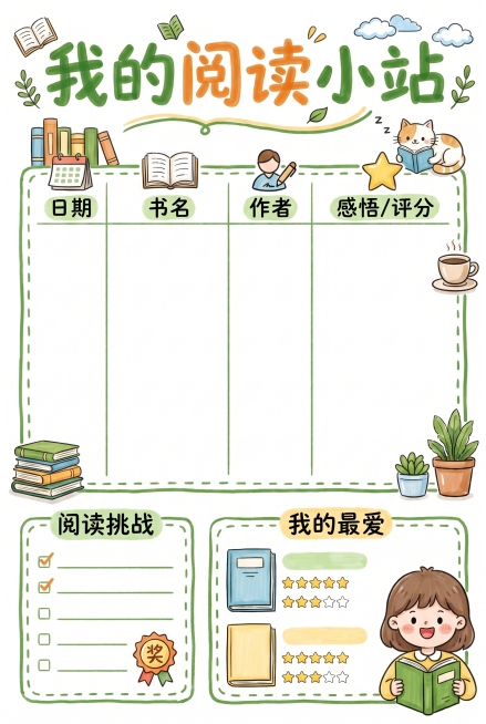 阅读记录表，马克笔风格简笔画，参考示例图片的手绘风格，换全新设计，制作一张完整的阅读记录表，包含表格区域用于记录阅读信息，整体风格清新可爱，尺寸A4（210*297mm）预览效果