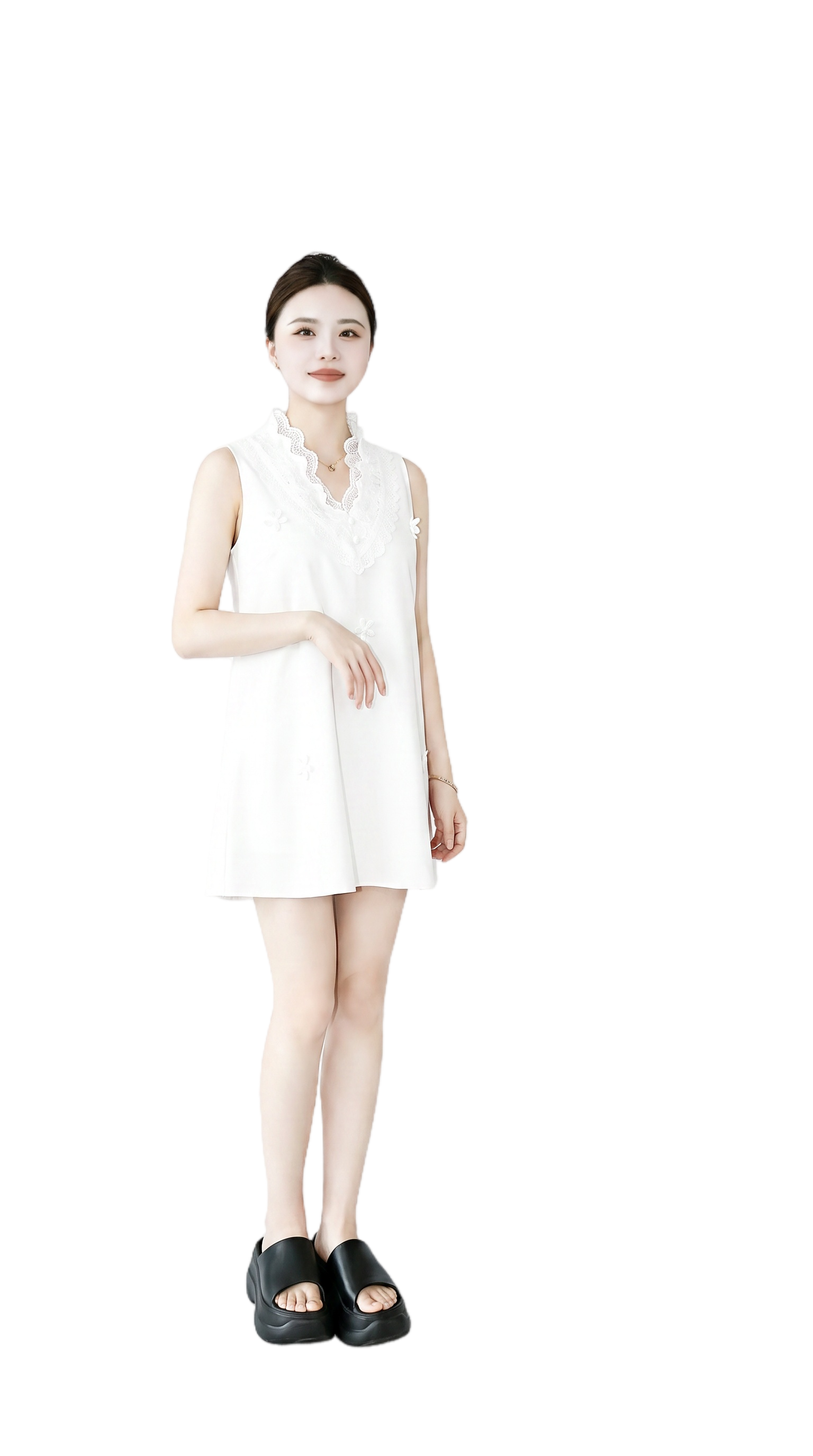 保持图中女性模特的面容、发型、站姿和手部姿势完全不变。移除右肩… - 图片创意预览
