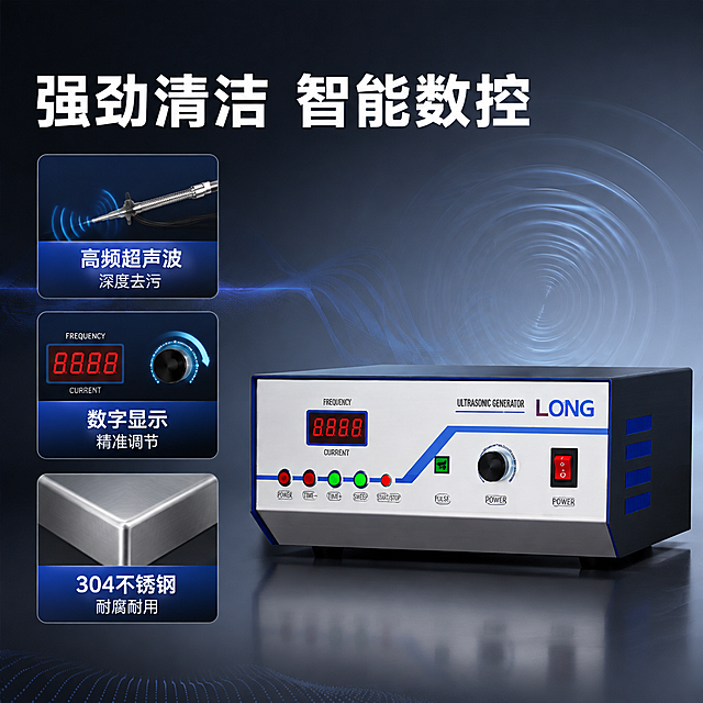 [主图-2] 核心价值与关键卖点，突出智能超声波发生器的强劲清洁能力与数控优势。
[统一基调] 专业工业科技风，冷灰蓝渐变背景，主标题白色粗黑体，辅助文字浅灰色，强调色科技蓝，圆角信息卡片，整体干净利落有品质感。
[画面] 控制主机位于画面右侧占主要视觉，屏幕数字发光效果突出。左侧用三个圆角图标卡片竖向排列，分别展示：超声波振子示意、数控调节示意、不锈钢材质示意。背景为深蓝灰色科技感渐变，有微弱的声波波纹图形装饰。产品保持原图外观结构不变。
[光影质感] 商业棚拍质感，主机屏幕有红光发光效果，金属面板有细腻高光，整体光影与首图一致方向。
[配色] 深灰蓝背景，科技蓝强调色，白色主标题，浅灰辅助文字，产品银灰与白蓝配色。
[文字版式] 上方主标题大字「强劲清洁 智能数控」，下方三个卖点短句分三行：「高频超声波 深度去污」「数字显示 精准调节」「304不锈钢 耐腐耐用」；文字位于左侧，右侧为产品主机，左右布局均衡。
[输出要求] 比例1:1，2K高清，产品清晰，文字清晰可读，图标简洁明了，无变形无错字，无水印无平台logo。