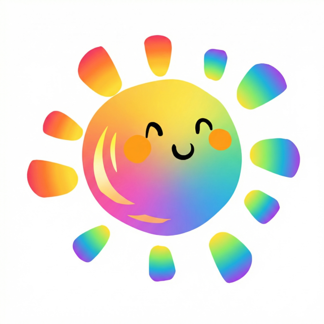 将这个太阳图标改成多色渐变效果，保持原有可爱笑脸和造型结构不变，给光线使用不同鲜艳色彩预览效果