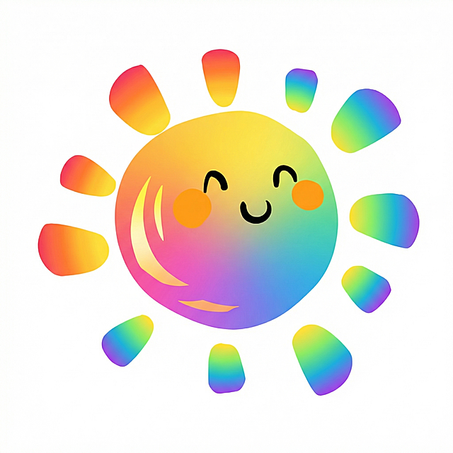 将这个太阳图标改成多色渐变效果，保持原有可爱笑脸和造型结构不变，给光线使用不同鲜艳色彩