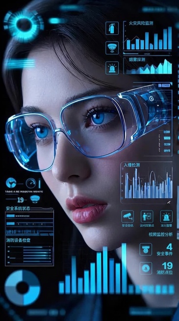 图片布局不变，将图中的图标变为消防和安防有关的图表或图标，颜色不变，内容为中文预览效果