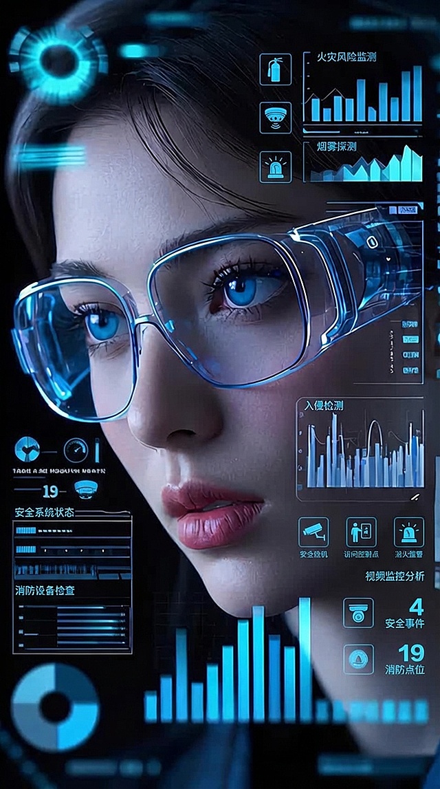 图片布局不变，将图中的图标变为消防和安防有关的图表或图标，颜色不变，内容为中文