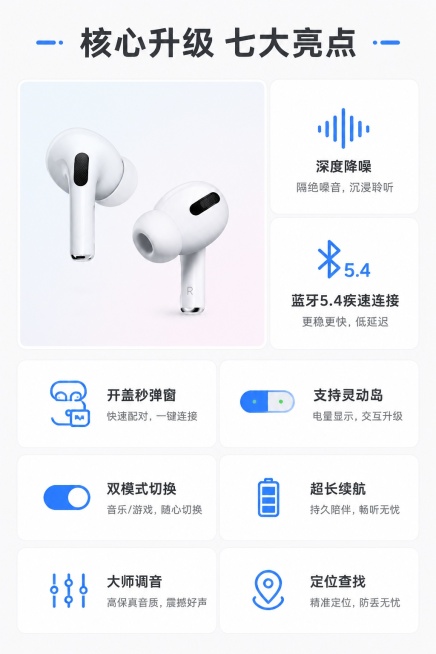 [第3屏] 核心卖点总览-华强北六代蓝牙耳机全卖点呈现。本屏结合【图2】展示耳机单体细节。
[氛围/风格] 清晰专业科技风，左大右小卡片排版，信息层级明确，适合手机浏览。
[元素布局] 左侧大卡片展示预览效果