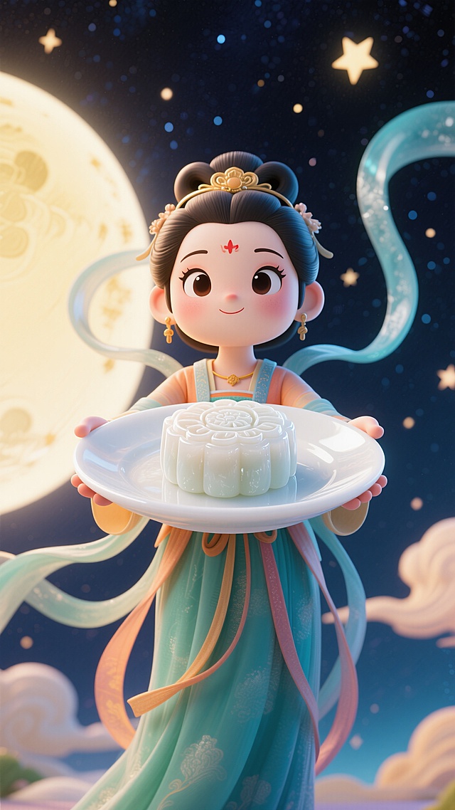 Q 版嫦娥双手捧着着白玉质感巨大盘子伸向前面，盘子里面有冰皮月饼，人物看向前方，强烈的仰视透视感，广角镜头，半身近景特写，背景是缀满星辰的深色夜空。