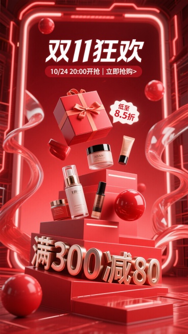 3D电商促销竖版海报，双11来啦主题，红色科技感背景框架，悬浮的美妆护肤产品礼盒、瓶罐与红色球体、促销标签“低至8.5折”“满300减80”组合，整体风格科技感十足，色彩鲜明，促销氛围强烈，细节丰富，预览效果