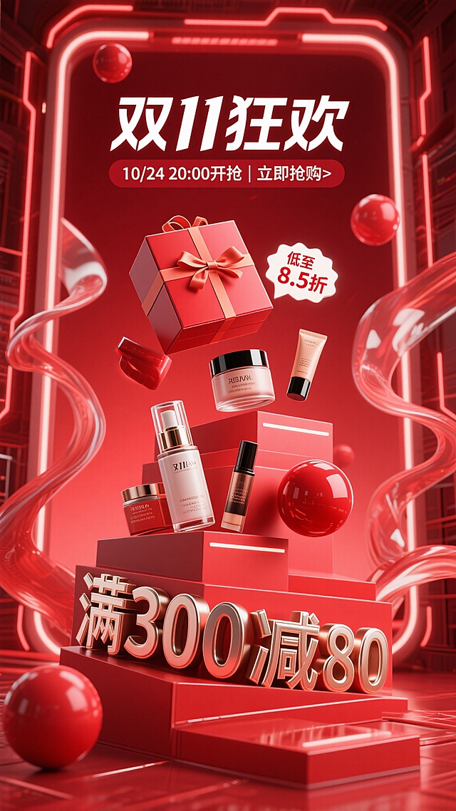 3D重拟物风结合霓虹灯与金属质感，红金配色营造喜庆科技感，未来感空间中产品悬浮陈列，突出双11促销信息，满减优惠醒目吸睛。