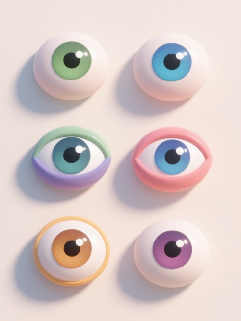 6个不同配色、不同形状的3D眼睛元素，采用简洁现代的卡通风格，每个眼睛具有光滑圆润的3D立体质感，内部有明亮的高光和渐变色彩过渡，浅色背景，上下两行整齐对齐排列，整体构图平衡，视觉层次清晰，符合现代设计感，适合作为装饰元素或图标使用。预览效果