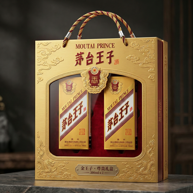 设计一个精致高级的提手礼盒，内含两盒茅台金王子酒，礼盒风格高端大气，与茅台金王子酒的包装质感匹配，凸显品质感预览效果
