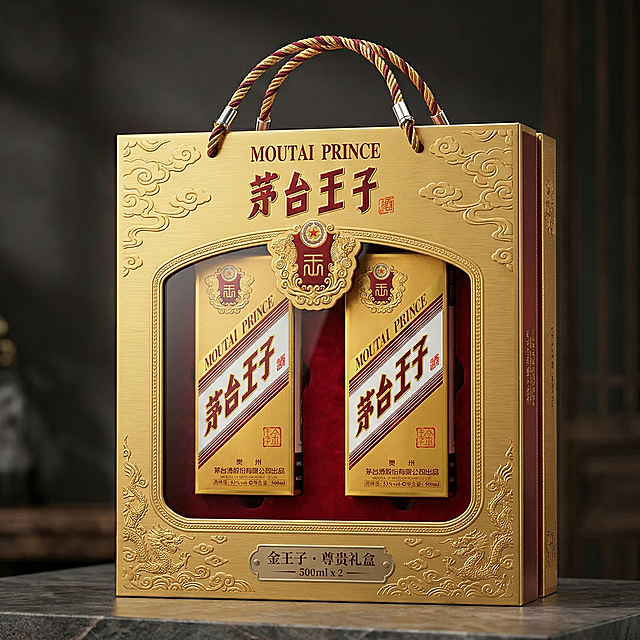 设计一个精致高级的提手礼盒，内含两盒茅台金王子酒，礼盒风格高端大气，与茅台金王子酒的包装质感匹配，凸显品质感