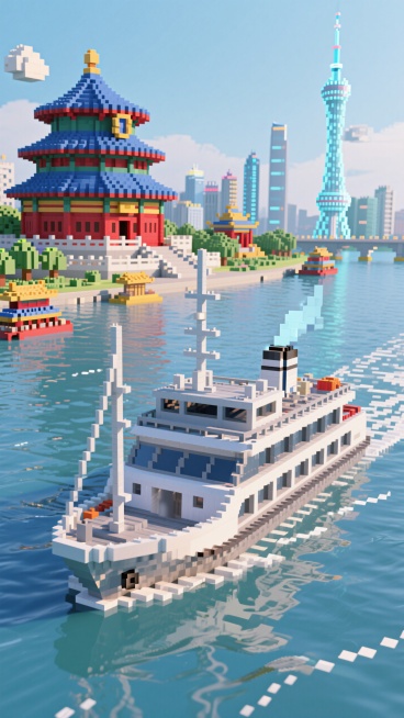 长江水面上轮船，背景是天坛、东方明珠、广州塔等著名建筑群预览效果