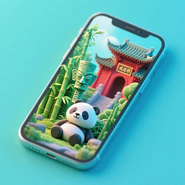 一个手机创意微缩场景，手机平放，侧面对着观众，手机俯视角度，立体的成都景观从屏幕内出来，有熊猫，三星堆，武侯祠，整体色调立体魔幻。青色背景。具有梦幻感,打光营造出柔和氛围强调梦幻和未来感的美学。