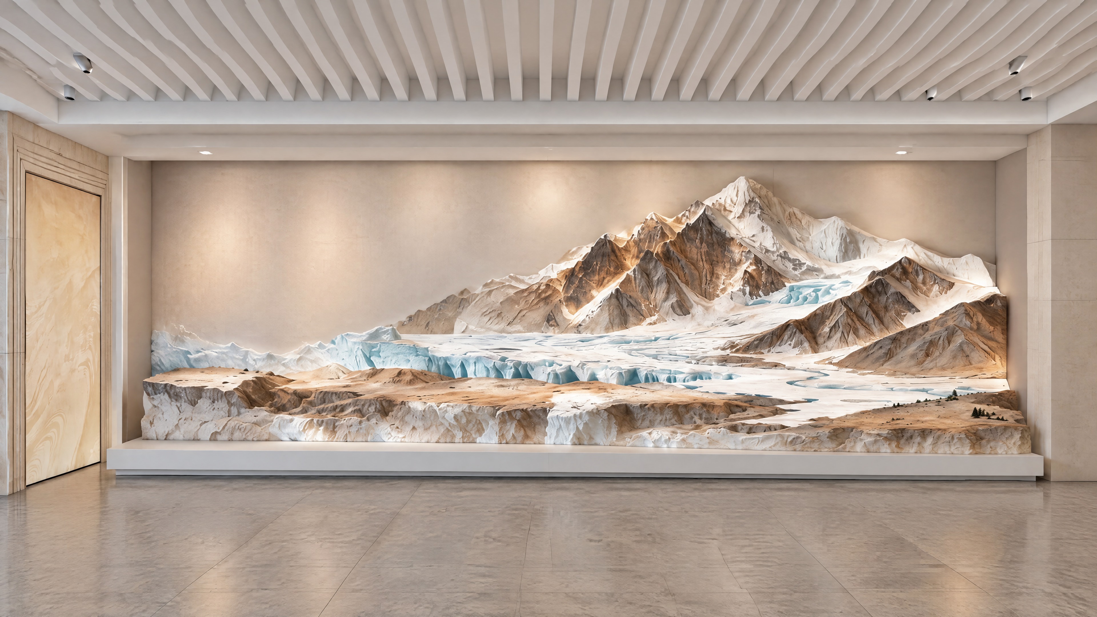 将图片右侧的雪山主题墙调整为正视视角，正面平视角度，墙面与镜头… - 图片创意预览