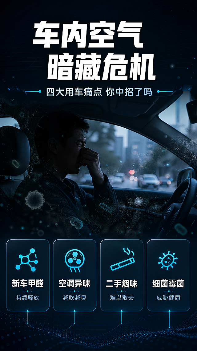 [商品] 本页为痛点直击页，无需产品图；仅用场景与文字表达车内空气问题。
[画面] 目标为激发用户对车内空气质量的痛点共鸣；构图采用上下分层，上半部分为车内真实场景侧面视角——昏暗的车内空间、隐约可见的灰尘与异味粒子可视化效果、驾驶位人物皱眉捂鼻的剪影动作；下半部分为痛点清单卡片区；前景点缀异味粒子可视化，中景为车内场景，远景为车外模糊街景；阅读动线从上到下。
[视觉] 套系策略：风格=深色科技感高级商业3D渲染；标题字=粗黑体现代无衬线；正文字=简洁无衬线体；主色=深空蓝黑；背景延展=基于深空蓝黑做径向渐变、科技网格纹理、微光粒子；强调色=青蓝色荧光，仅用于小面积图标、引线、光效和标签高亮；标题色=纯白；正文色=浅灰蓝；组件=圆角半透明信息卡、细线引线、发光图标；光影=顶部主光+底部轮廓光+青蓝色环境光，产品立体感强。
[文字] 顶部主标题「车内空气 暗藏危机」（8字），副标题「四大用车痛点 你中招了吗」；下方4个痛点卡片横向排列：「新车甲醛 持续释放」「空调异味 越吹越臭」「二手烟味 难以散去」「细菌霉菌 威胁健康」；每个痛点配对应小图标；全部横向排版，字号保证手机端可读。
[规格] 图片比例9:16竖版，分辨率4K，quality=medium；避免出现产品图、错字、文字过小、绝对化用语、低俗画面。