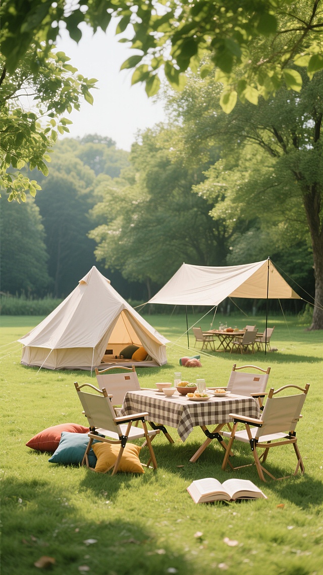阳光透过茂密的绿色树叶洒下斑驳光影，在开阔的绿色草地上，布置着一个米色帆布帐篷和一个带遮阳棚的露营帐篷，帐篷周围摆放着原木色折叠桌椅，桌上铺着格纹餐布，旁边散落着几个彩色靠垫和一本翻开的书，整体呈现出自然、宁静、舒适的户外露营氛围，高清晰度，写实风格，温暖色调，柔和光线，丰富的细节纹理。