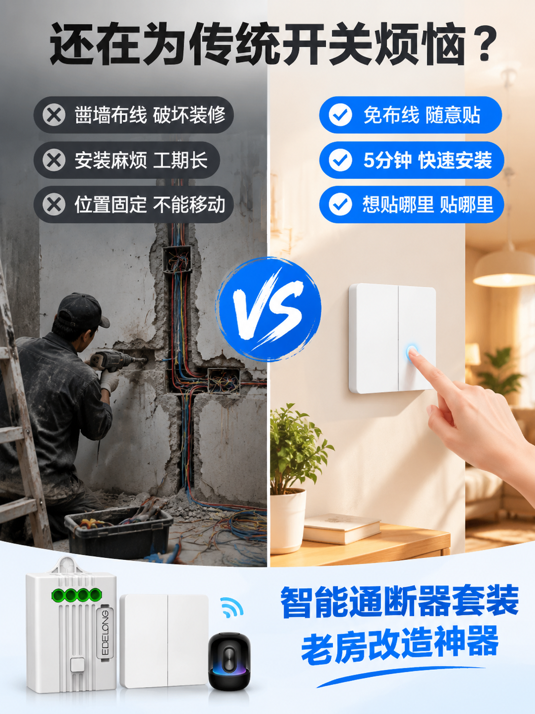 [详情页-2 痛点引入] 传统开关痛点对比图，淘宝详情页，左右… - 图片创意预览