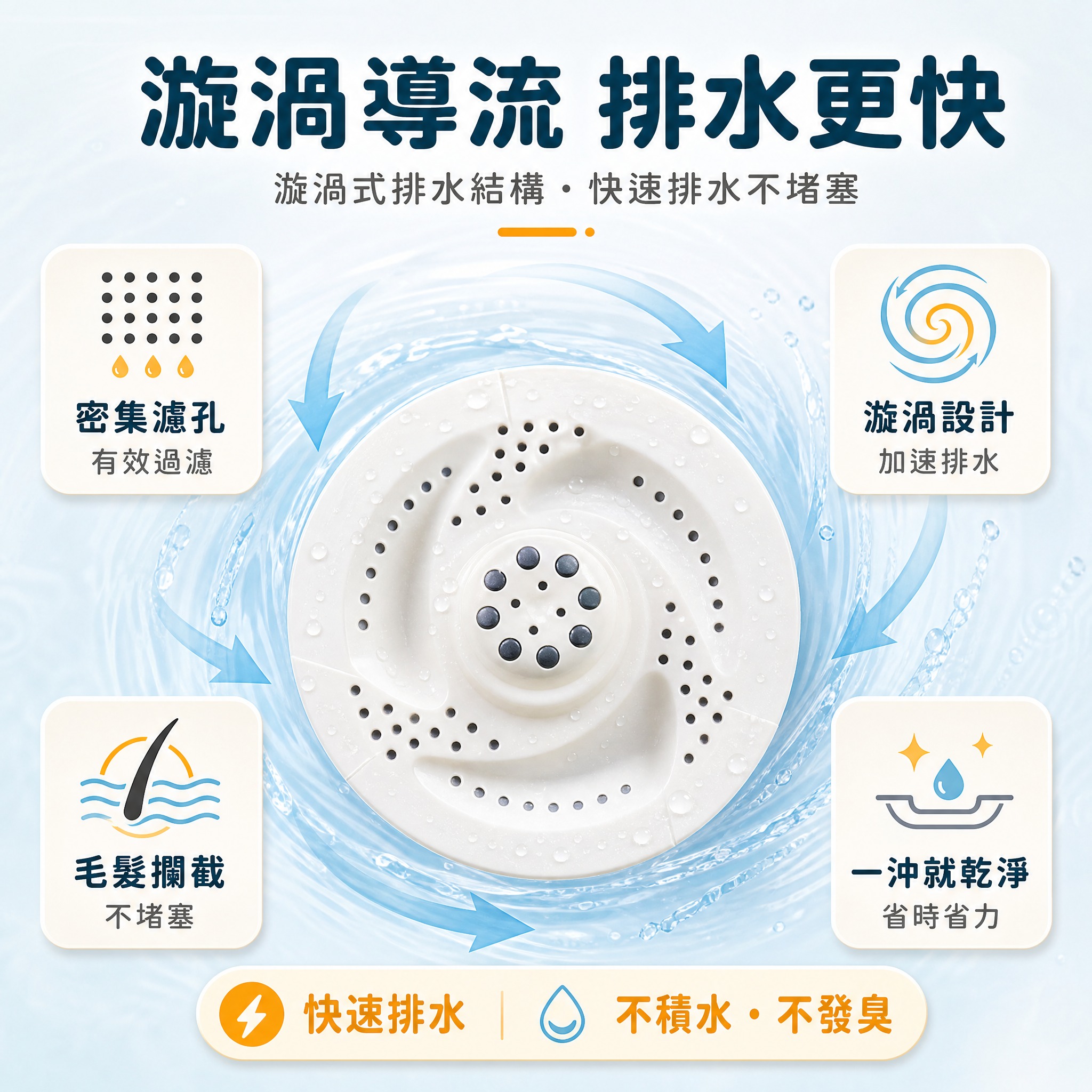 [主圖-4] 核心賣點圖，漩渦式排水結構與快速排水功能展示，強… - 图片创意预览