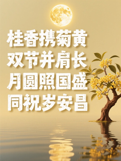纯白色“桂香携菊黄 双节并肩长 月圆照国盛 同祝岁安昌”，底部装饰（在顶部中央有一个巨大的满月，散发出柔和的光芒。在它的下方，描绘了一个平静的水体，完美地反射了月亮，创造了一个对称的金色反射和微妙的涟预览效果