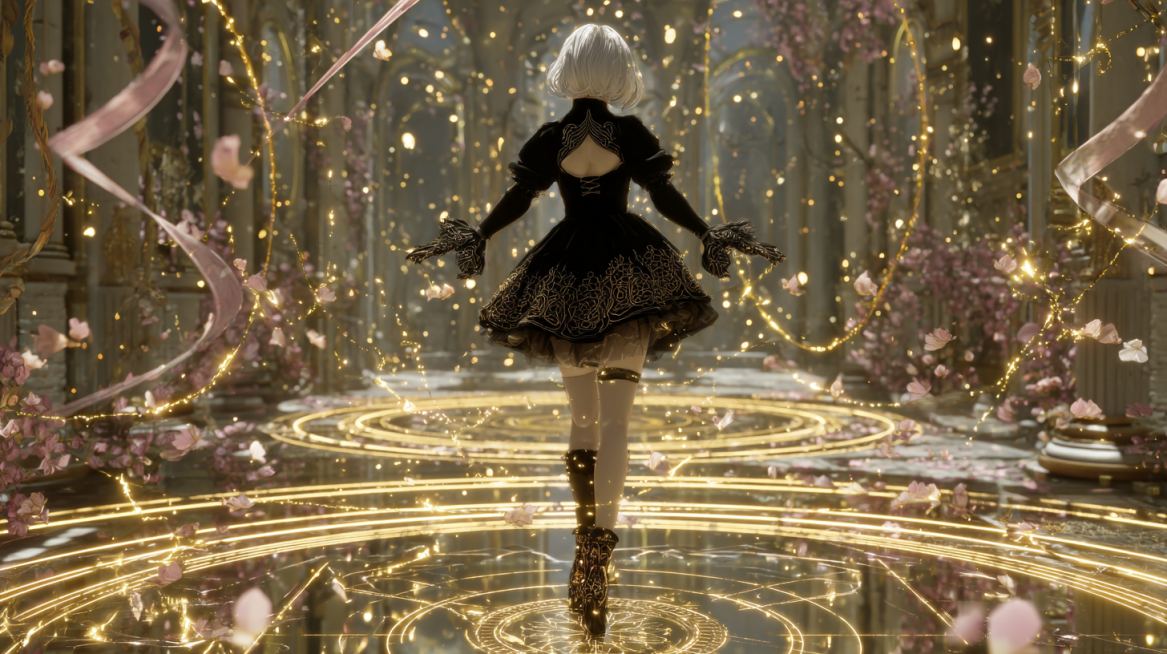 A slender and graceful illusionist with black body and faceless black head, silver-white textured sh预览效果