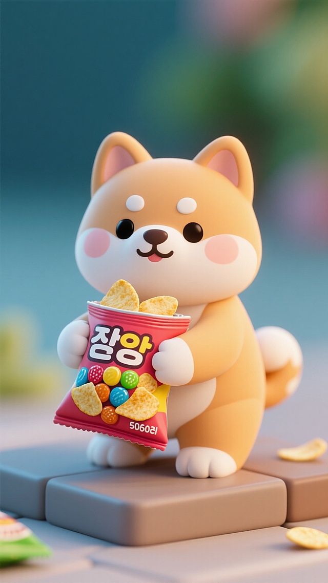 头身比1:1的小柴犬抱着一袋薯片