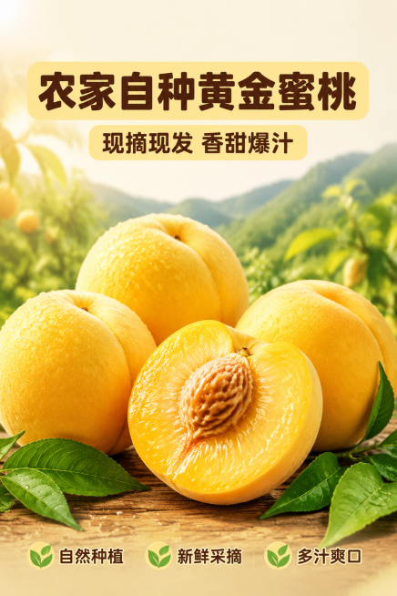 首屏主标题
农家自种黄金蜜桃 现摘现发 香甜爆汁
板块 1：产地溯源・自然好果
深山自家果园直供，无批量催熟膨大依山活水滋养，日照时长充沛自然挂足糖分，每颗桃子都凝聚山野原味不打蜡不增色，原生态种植吃预览效果