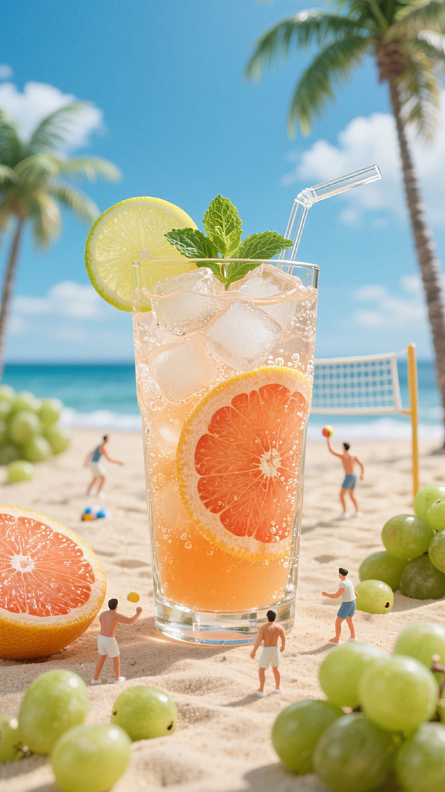 一杯巨大的装满冰块的西柚橙汁搭配气泡水、柠檬片、薄荷、玻璃吸管的清爽饮料；杯子的材质是高透玻璃，位于画面的中心；绿色葡萄、切半的橙子散落在周围；椰子树，小人们在打沙滩排球；海边，沙滩，蓝天白云背景