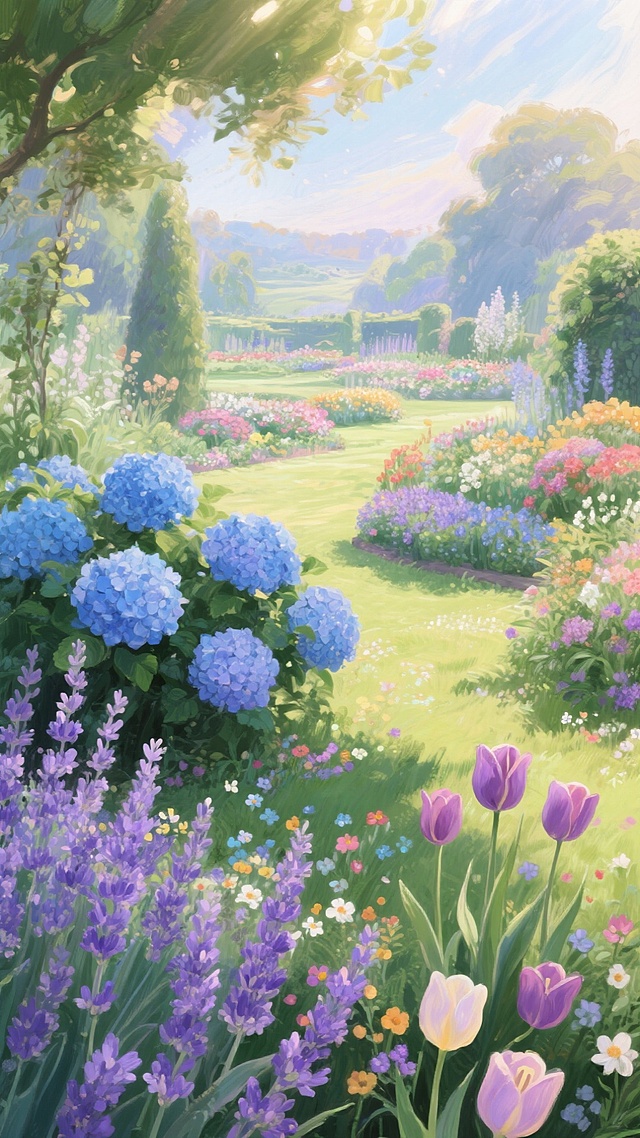 开满各种花（紫色薰衣草、蓝色绣球、郁金香、各种颜色的小花，还有部分绿植）的花园，有近景有远景，洒满阳光