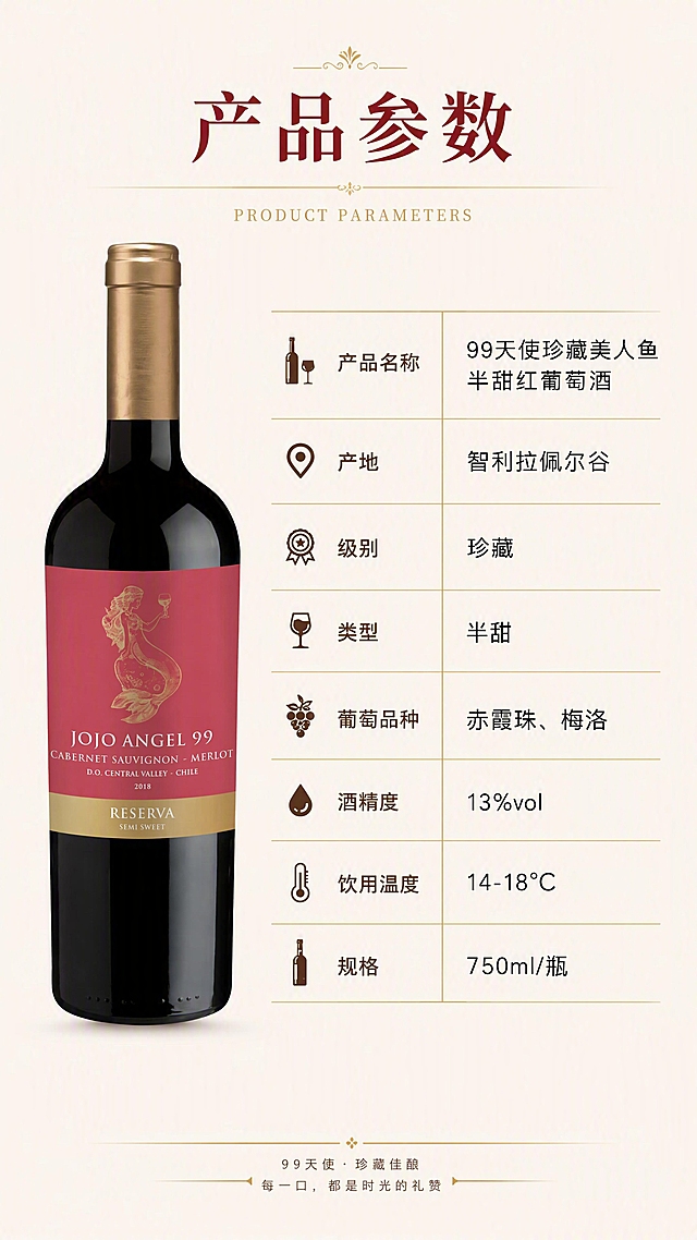 [第4张] 详情页第四屏-99天使美人鱼半甜红葡萄酒产品参数页。本张使用【图2】作为产品主体展示。
[氛围/风格] 简约专业参数风，干净规整，米白浅咖主色调搭配酒红金色点缀，信息清晰易读。
[元素布局] 画面左侧展示单瓶红酒正面图，占比约40%，瓶身结构、酒标与输入产品图一致；右侧为参数信息表格区，以规整的行列布局展示各项参数；顶部有标题区。
[光影质感] 均匀柔和打光，瓶身有自然高光，整体明亮干净。
[配色色系] 全局底色 #F5F0E8（米白浅咖色）；主色酒红色 #8B0000；辅助色金色 #D4AF37、深咖色 #5C4033。
[视角构图] 左右分栏构图，左图右表；阅读动线从上到下、从左到右。
[文字版式] 顶部主标题「产品参数」，酒红色粗宋体居中；右侧参数表采用金色细线分隔，参数名深咖色，参数值黑色；参数项包括：产品名称「99天使珍藏美人鱼半甜红葡萄酒」、产地「智利拉佩尔谷」、级别「珍藏」、类型「半甜」、葡萄品种「赤霞珠、梅洛」、酒精度「13%vol」、饮用温度「14-18℃」、规格「750ml/瓶」；文字大小适中，移动端清晰可读。
[比例分辨率] 9:16 竖版比例，4K分辨率，文字清晰可辨，高清画质。
[负向提示词] 瓶身变形，酒标文字错乱，水印，二维码，文字过小模糊，背景杂乱，极限广告词。