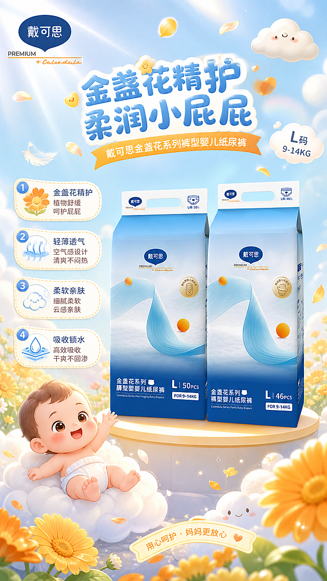 戴可思金盏花尿裤母婴海报，保留原图商品包装，主体展示产品，添加可爱云朵、金盏花、小婴儿软萌元素，日系Q版活泼画风，高饱和马卡龙明亮色调，构图层次丰富，清晰展示四大产品卖点，9:16竖版，温馨童真元气满满，适合母婴宣传
