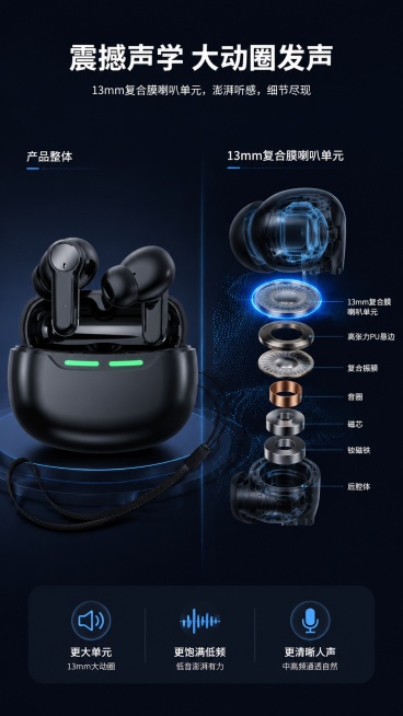 [第3屏] 核心声学结构展示，讲解13mm复合膜喇叭单元，本屏使用黑色款【图1】作为产品主体。
[氛围/风格] 专业科技解析风，深色背景，三维结构可视化，专业可信。
[元素布局] 左侧放置完整耳机产品预览效果